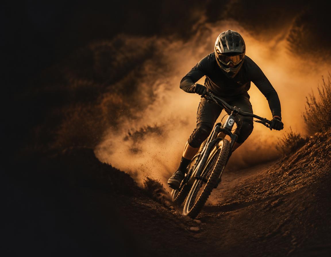Ciclista de MTB em ação descendo uma trilha com poeira ao redor
